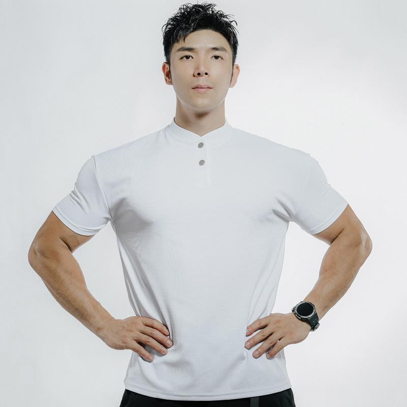 Summer Men's Sporty Casual Running Fitness Solid Buttoned Stand Collar Short Sleeve Cool Feeling Quick Dry T-Shirt 6