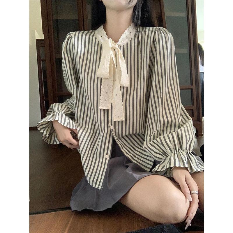 Áo Sơ Mi Dài Tay Kẻ Sọc Buộc Dây Nơ, Dành Cho Nữ, Thời Trang Phong Cách Hàn Quốc Mới Đầu Thu, Dáng Rộng Vừa Vặn, Áo Sơ Mi Độc Đáo Hợp Xu hướng Top Women Shirt Cổ Tròn 3