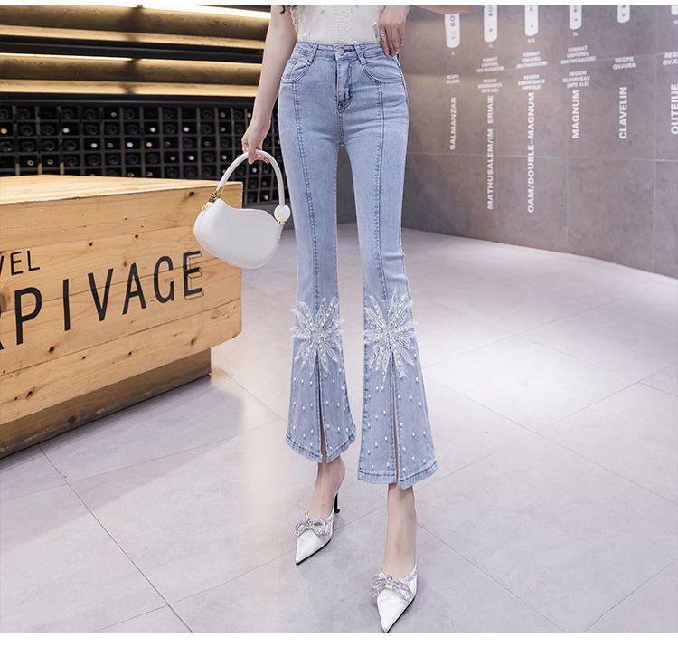 Product Introduction of Quần Jean Nữ, Phong Cách Người Ảnh Hưởng TikTok, Với Đính Cườm Nặng Và Ren, Cạp Cao, Mỏng Vừa Vặn, Dễ Phối Đồ, Quần Ống Loe, Hợp Xu hướng 14