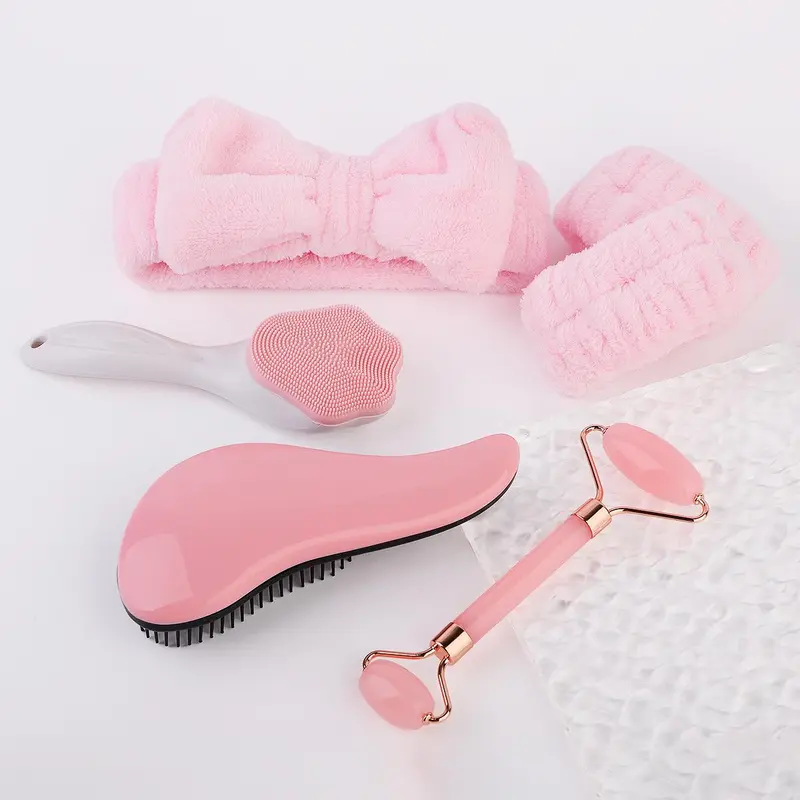 Facial Massage Tool Set, 6 Counts/set Double-ended Roller Massager & Hair Band & Wristband & Long Handle Comb & Silicone Scrubber, Skin Care Tool for Women 3
