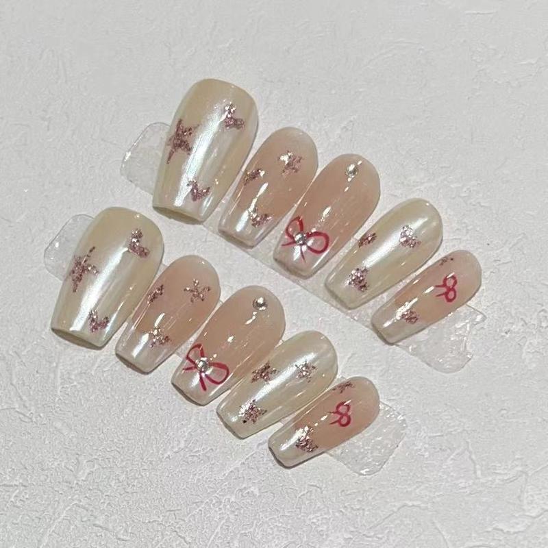 Simple French Removable Press On Nails Coffin Bow Metallic Nail Gems Classy Nails Hand Drawn Nail Tips 3