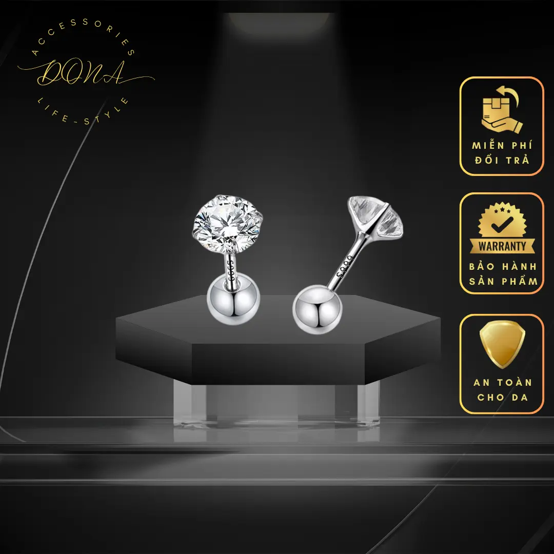 Khuyên Tai Bạc Chốt Vặn S999 Đính Đá Unisex Cho Nam Và Nữ, Bông Tai Đính Đá Bạc Chốt Ren Ziconia Dona Elegant [75869]