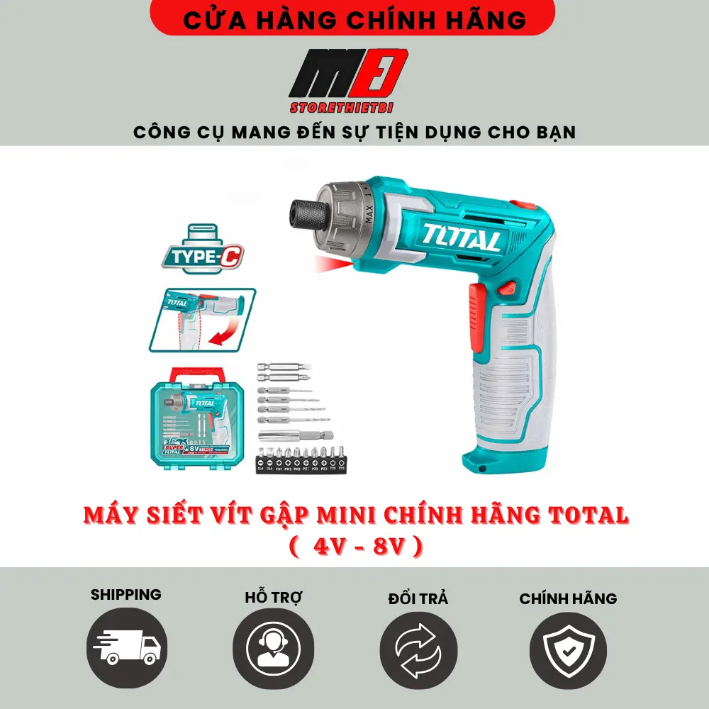 Máy Siết Vít Gập Dùng Pin Chính Hãng Total / Máy 4V- 8V / Kèm Phụ Kiện / Chưa Kèm Dây Sạc