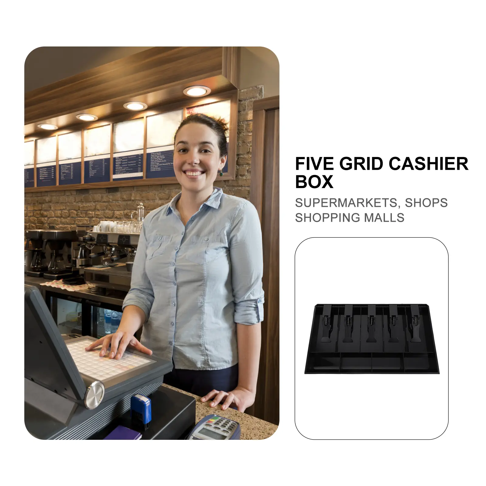 【READY STOCK】Five Compartments Cash Register Box Currency Till Drawer Tray Portable Coin Plastic 41X25X4CM Black