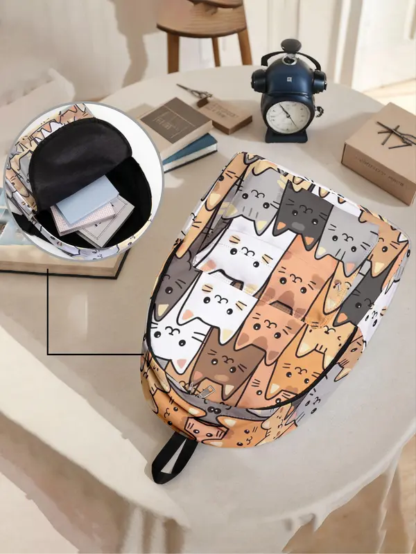 Cute Cat Pattern Backpack, Casual Large Capacity Zipper Backpack for Women & Men, Fashionable Backpack for Daily Use 3