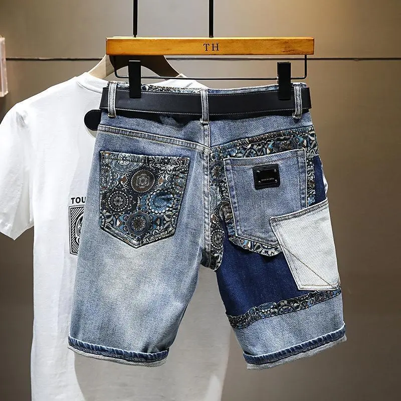 Quần Soóc Denim Mùa Hè, Cao Cấp, Thương Hiệu Hợp Xu Hướng Hàng Châu Âu, Dành Cho Nam Giới, Phong Cách Cổ Điển Chắp Vá, Quần Soóc Ống Đứng Dáng Rộng, Quần Soóc Bermuda, Rách 0