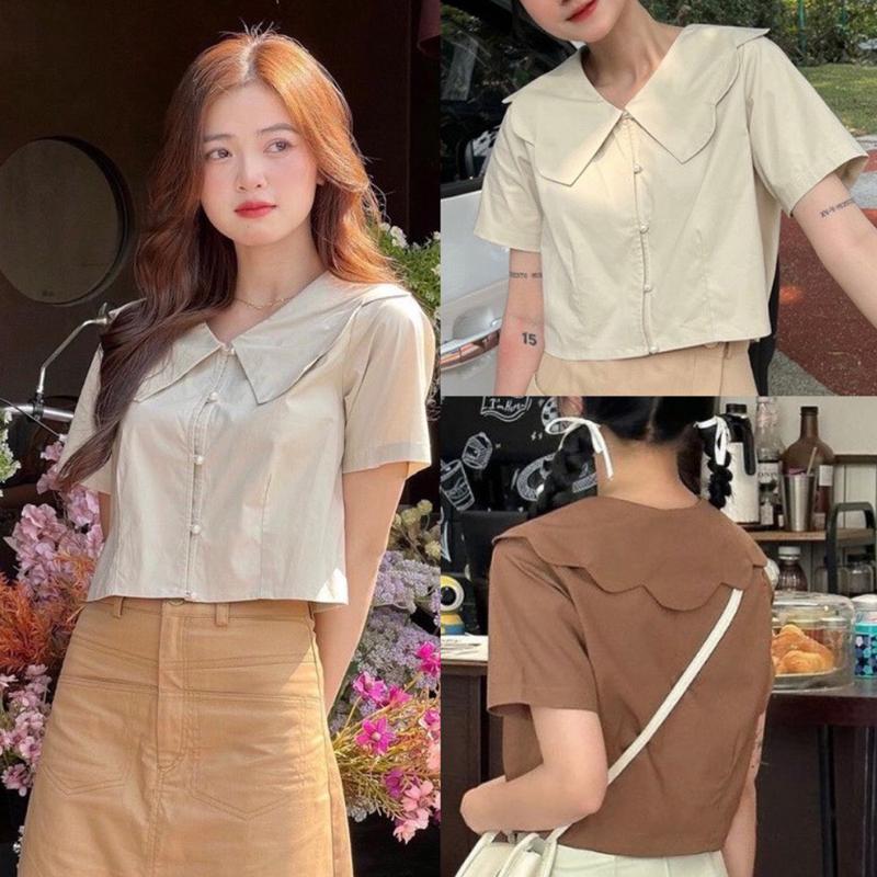 Áo sơ mi croptop, Áo croptop cổ bèo kiểu phối khuy ngọc màu vintage xinh xắn Nữ Cổ Tròn Women Shirt