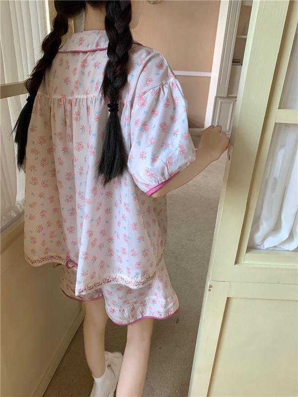 HT6000f Bộ pijama tiểu thư cộc hoạ tiết hoa hồng hotgirl,đồ ngủ thô đũi bánh bèo tôn dáng HT6000f 2