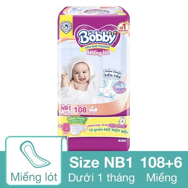 Miếng lót sơ sinh Bobby NB1 108 tặng 6 miếng êm mềm khô thoáng thấm hút nhanh siêu tốc cho bé dưới 5kg b ỉ Bỉm