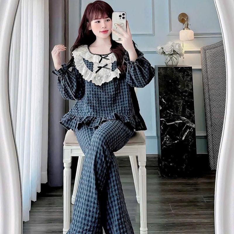 Bộ đồ Mặc nhà Kẻ caro Ren bèo 2 lớp Chất Đũi Thô tiểu thư cho Nữ DD65 Sammy - Quần Ngủ Nữ - Women 6