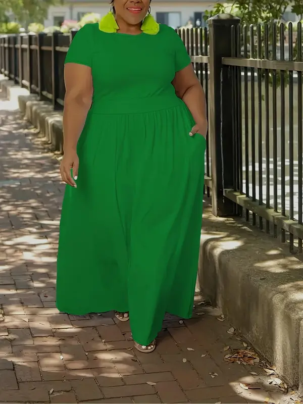Women's Plain Pocket Zipper A Line Dress, Casual Plus Size Short Sleeve Long Dress for Summer, Women's Clothing for Daily Wear 2
