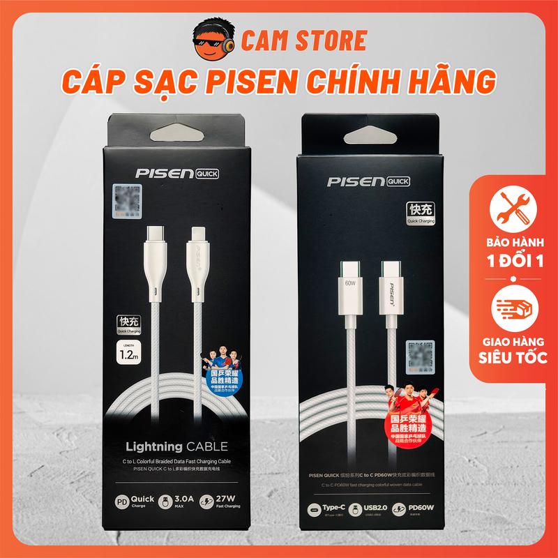 Cáp Sạc Nhanh PISEN - Sạc Nhanh IP 27W, Android 60W, Bọc Dù Siêu Bền, Cáp C-C, C-L Sạc Nhanh, Dài 1M-1.2M (MÀU TRẮNG)