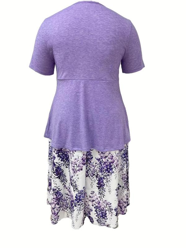 Plus Size Two-Piece Set Ruched Drawstring V Neck Tee & Floral Print Skirt Set, Summer Clothes, Short Sleeve T-shirt & Skirt Set, Co Ord Set Summer, Women's Two-piece Outfits 1