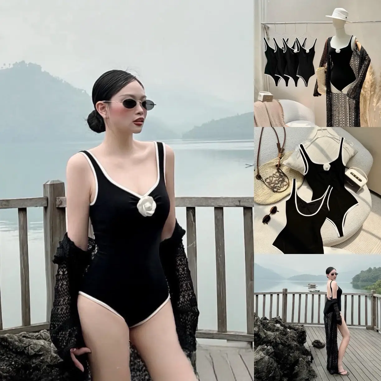 Đồ bơi nữ , bikini liền thân một mảnh ba lỗ hoa trà thiết kế (có sẵn)