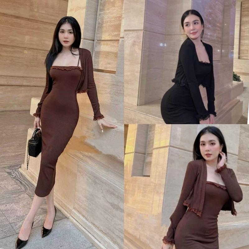Set đầm body hai dây dáng dài phối ren viền cổ mix áo khoác croptop tay dài duyên dáng thanh lịch chất thun cotton lạnh (O) Nữ Women Dress Viền Ren Màu Nâu