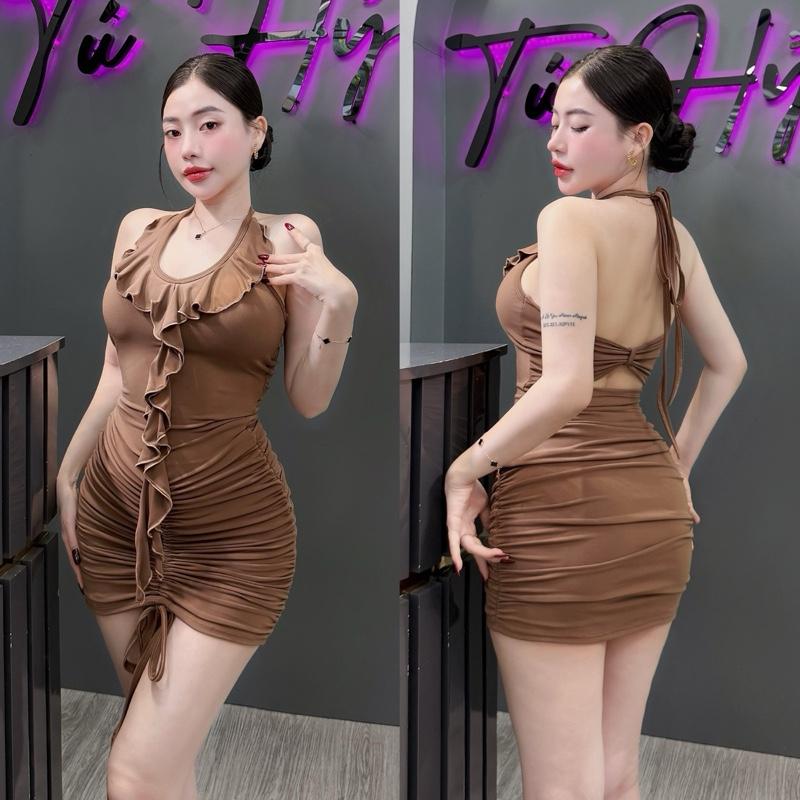 F94 ĐẦM BODY NGẮN NHÚM BÈO CỘT DÂY CỔ , KHOÉT LƯNG Nữ 0