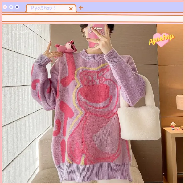 PYOSHOP - Sweater Rajut Oversize Cute Bear Knit Atasan Wanita 1
