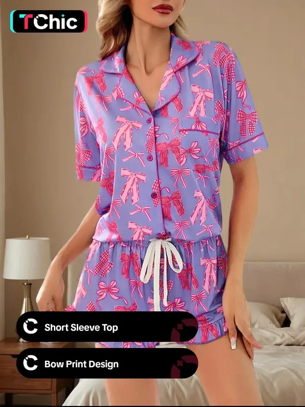 Women's Bow Print Lapel Shirt & Shorts Pyjama Set, Casual Comfy Short Sleeve Pocket Top & Shorts Set, Ladies Sleepwear for All Seasons 1