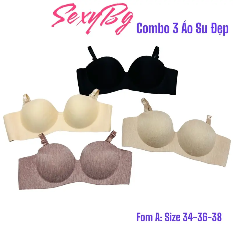 Combo 3 Áo Lót Nữ Su Nhung Vân Xước Thái Sang Trọng Cup Ngang Đệm 2 Phân Bra Nữ Kem Voi Voan 3