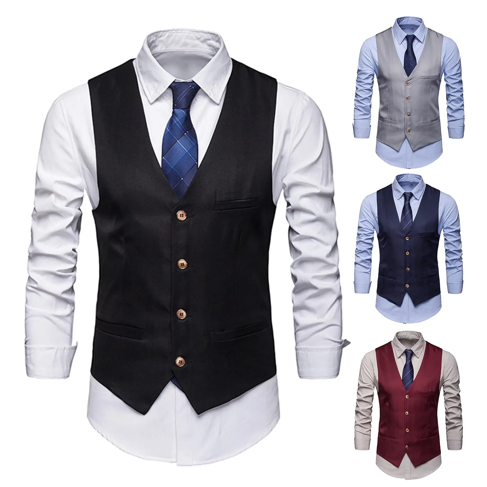Áo Vest Âu Phục Nam, Qusnddk, Phong Cách Công Sở Trang Trọng, Không Tay, Cổ Chữ V, Dáng Ôm, Cardigan, Một Hàng Cúc, Màu Trơn, Vải Mượt Mà, Có Túi, Thích Hợp Cho Chú Rể Và Đám Cưới, Áo Ghi Lê
