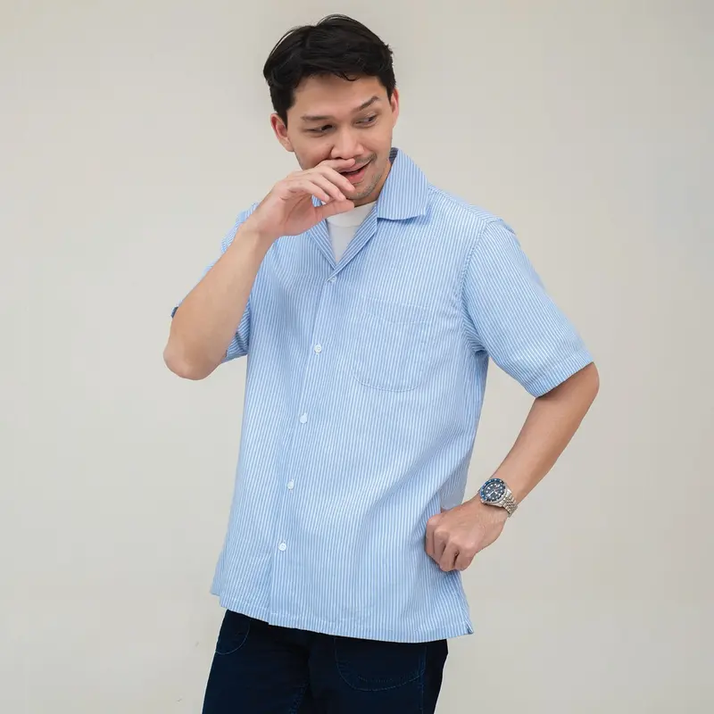 Kemeja Garis Pria WOODCUTTER Open Collar Ratcher Stripes - Blue Pendek 4