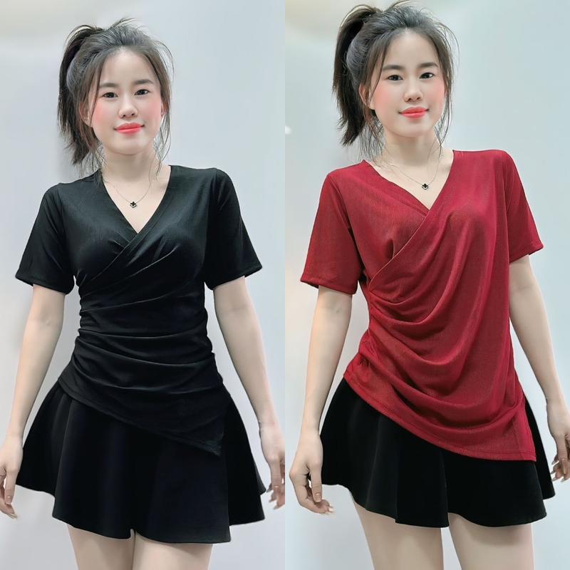 Áo Lẻ Cổ Đắp Chéo Thời Trang Tôn Eo Che Bụng Tốt Dễ Phối Đồ Nhung Nữ Women Top Voi Shirt Sơ Mi Jean