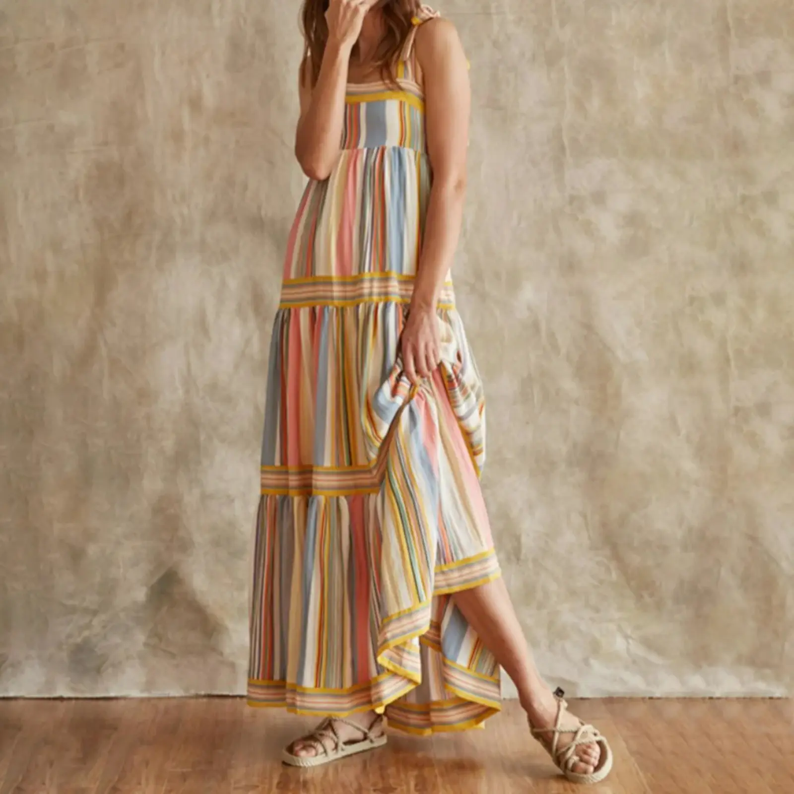 Women's Striped Tank Dress Square Neck Empire Waist Tie-Up Shoulder Strap Tiered Ruffled Long Dress for Party Club