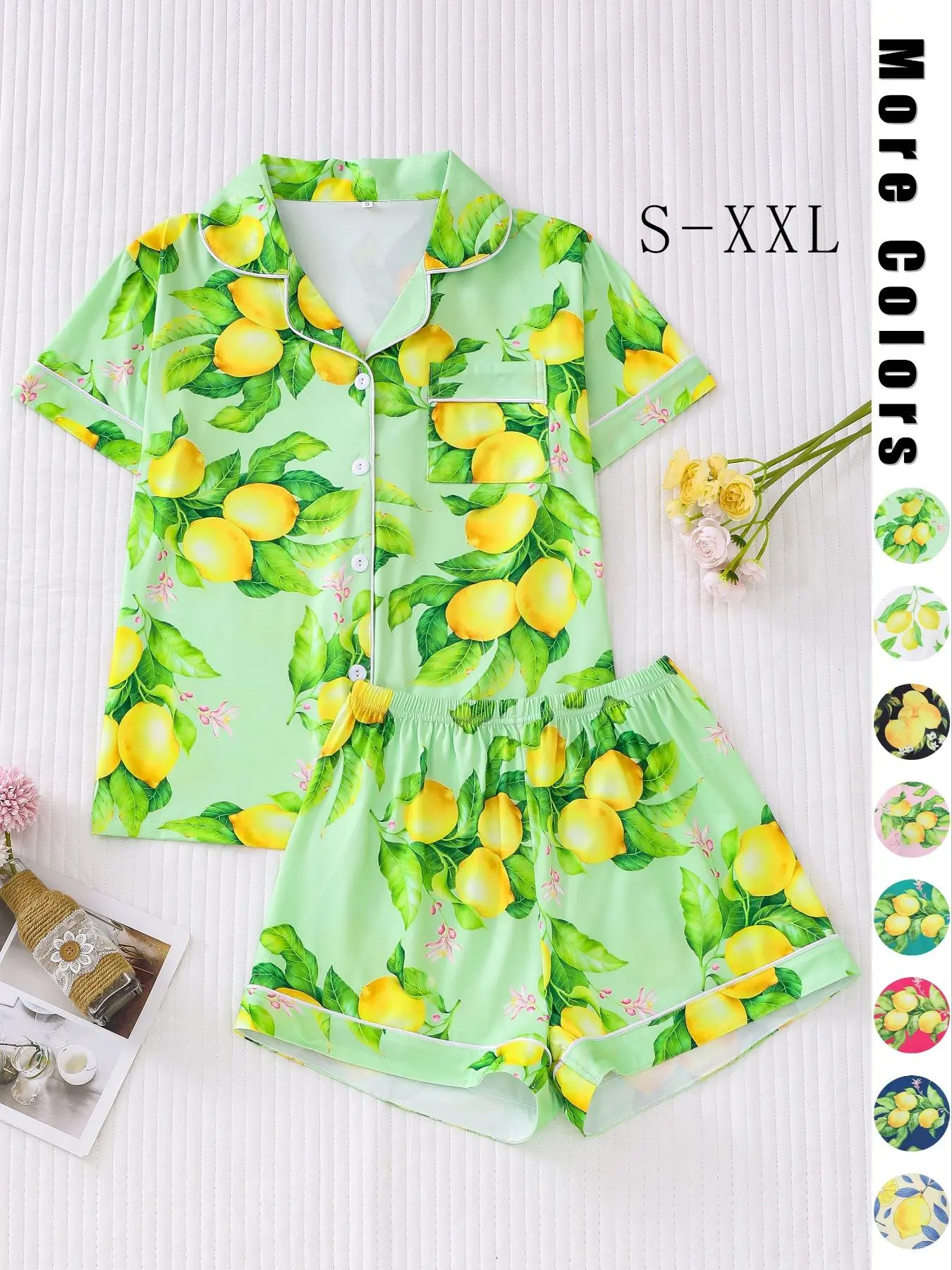 Two-piece Set Women's All Over Print Pyjama Set, Casual Button Front Short Sleeve Lapel Shirt & Elastic Waist Shorts Pj Set, Ladies Sleepwear & Loungewear for All Seasons, 2 Piece Sets Women, Pajamas