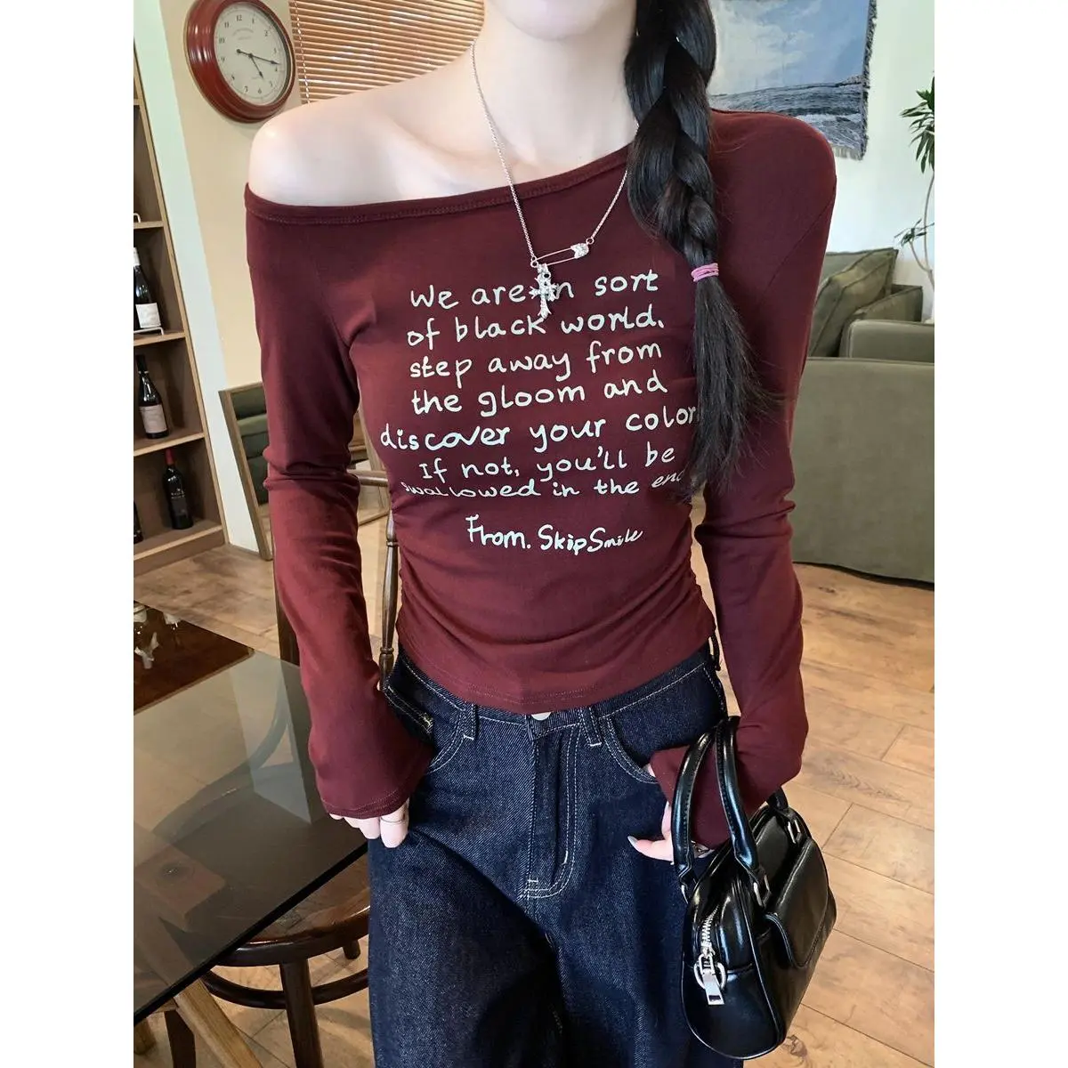 Áo Thun Cotton Trễ Vai Dài Tay, Dành Cho Nữ, Áo Mặc Bên Trong Xếp Ly Kiểm Soát Eo, In Chữ Mới Đầu Thu, Áo Lót