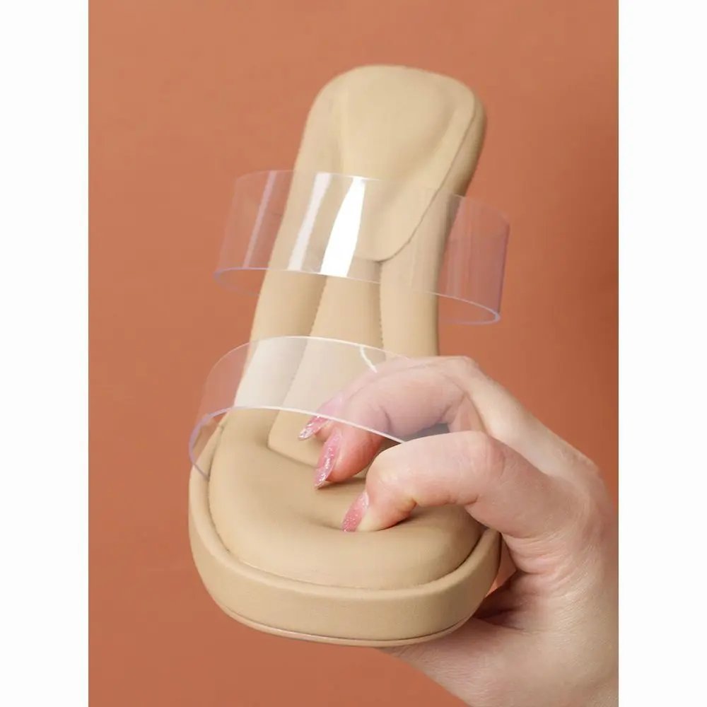 Dép cao gót pha lê, đế dày, dây đeo mắt cá chân trong suốt, có thể mang ngoài trời, mùa hè， Sandal， Shoes