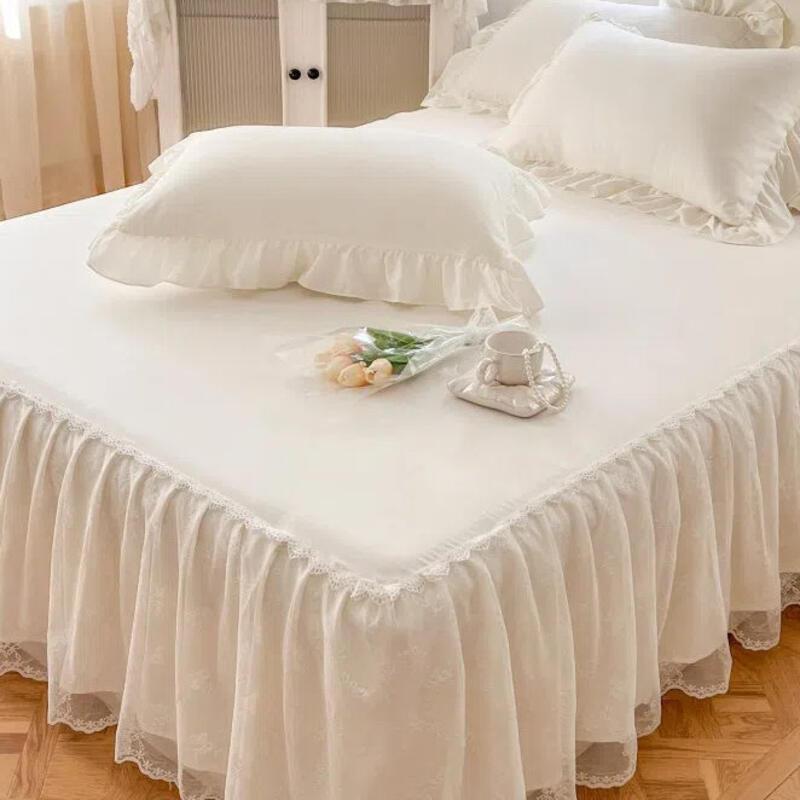 Product Introduction of 6 Color white Bed Sheet Cover With Lace Princess Style Bed Skirt Pure Color Wedding Bridal Bedsheet Skirting Pillowcase Queen King Size Cadar 1