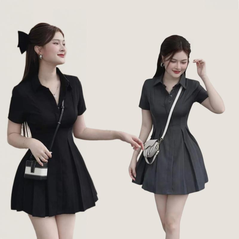  Váy ly hộp cổ sơ mi một hàng cúc thiết kế dáng ngắn ly hộp chiết eo chất liệu kaki cá tính thiết kế thời trang kèm quần trong Nữ Kem Dress Women Đen 