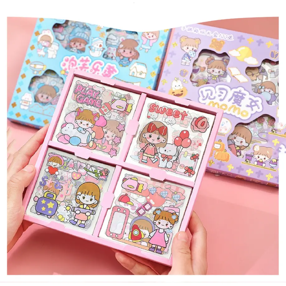 100Pcs Box Cute Girl Cartoon Stickers Tape Set No Repeating Pattern Transparent Water Bottle Sticker Ins Gift Pelekat Comel Stiker 100pcs Per Box Stickers Comel Stiker Stikers 100 pcs stickers