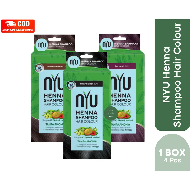 NYU Henna Shampoo Hair Colour 1 BOX Isi 4 Sachet 20 ml - Shampo pewarna rambu Dye Cat Mengcover Uban Dalam 10 Menit 0