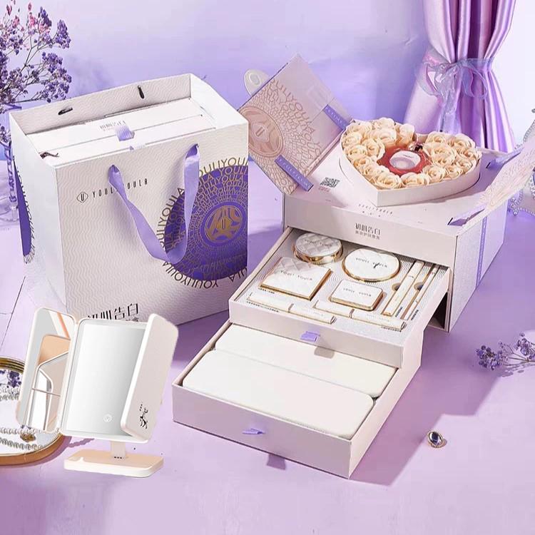 Bộ Trang Điểm Quà tặng 3 tầng YOULIYOULA cao cấp đầy đủ 10 món kèm Hoa sáp Trái Tim + Gương LED cảm ứng