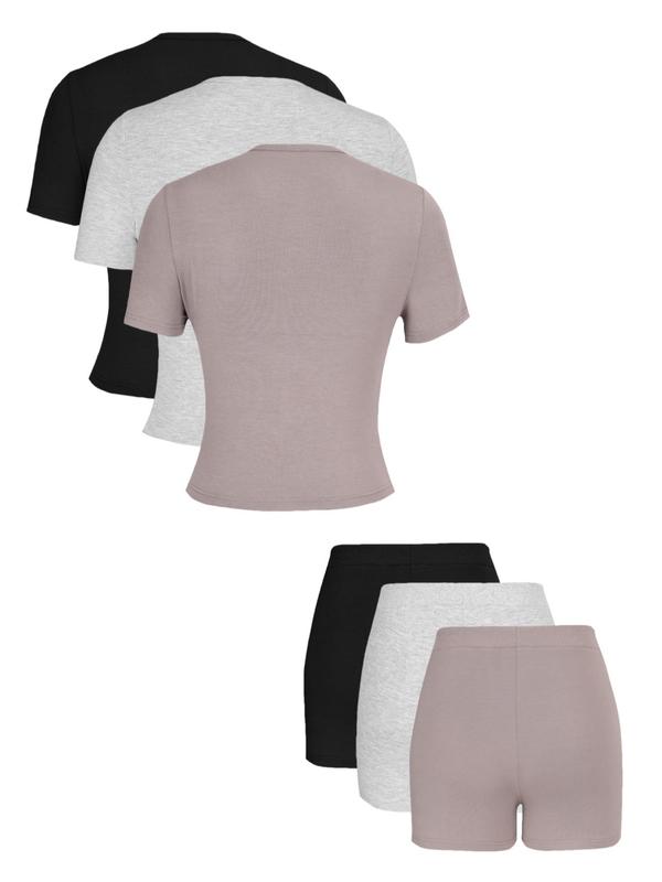 Women's Solid Color Top & Skinny Shorts Loungewear Set, Casual Comfy Short Sleeve Tee & Shorts Set, Ladies Sleepwear for All Seasons, Pajamas Set 2