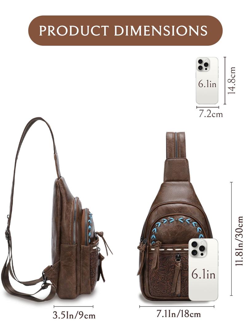 Product Introduction of Boho Style PU Leather Chest Bag, Fashionable Floral Pattern Embossed Backpack with Adjustable Strap, Casual Trendy Versatile High-quality Daily Commuting Bag 7