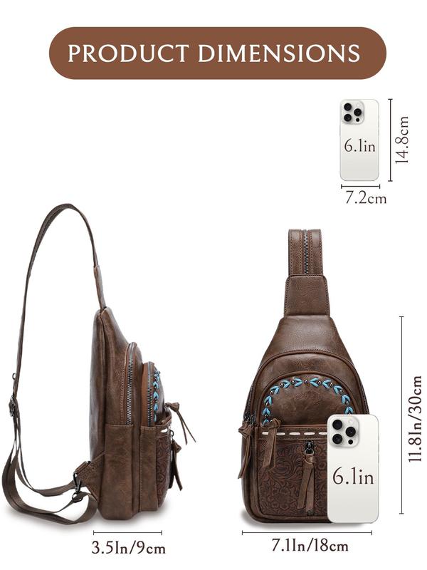 Boho Style PU Leather Chest Bag, Fashionable Floral Pattern Embossed Backpack with Adjustable Strap, Casual Trendy Versatile High-quality Daily Commuting Bag 7