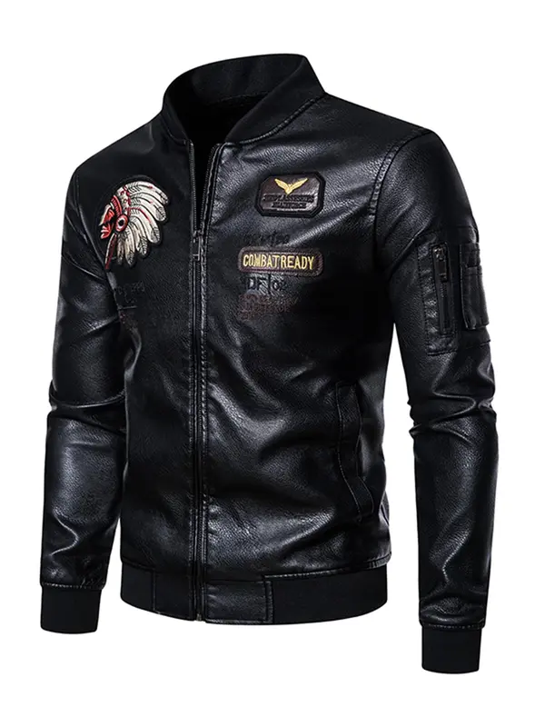 Men's Slim Graphic Zipper Pocket PU Leather Jacket, Stand Collar Long Sleeve Outerwear For Men, Men's Clothing For Fall & Winter 2