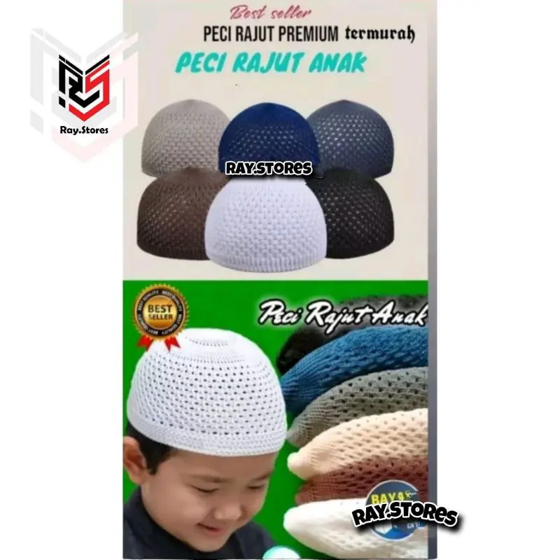 Ray.Stores Peci Anak Usia 2-7 Tahun Tebal Nyaman Polos Songkok Muslim Peci Rajut Anak Bahan Elastis Dewasa Haji Turki Hitam Putih Bordir Motif Pria