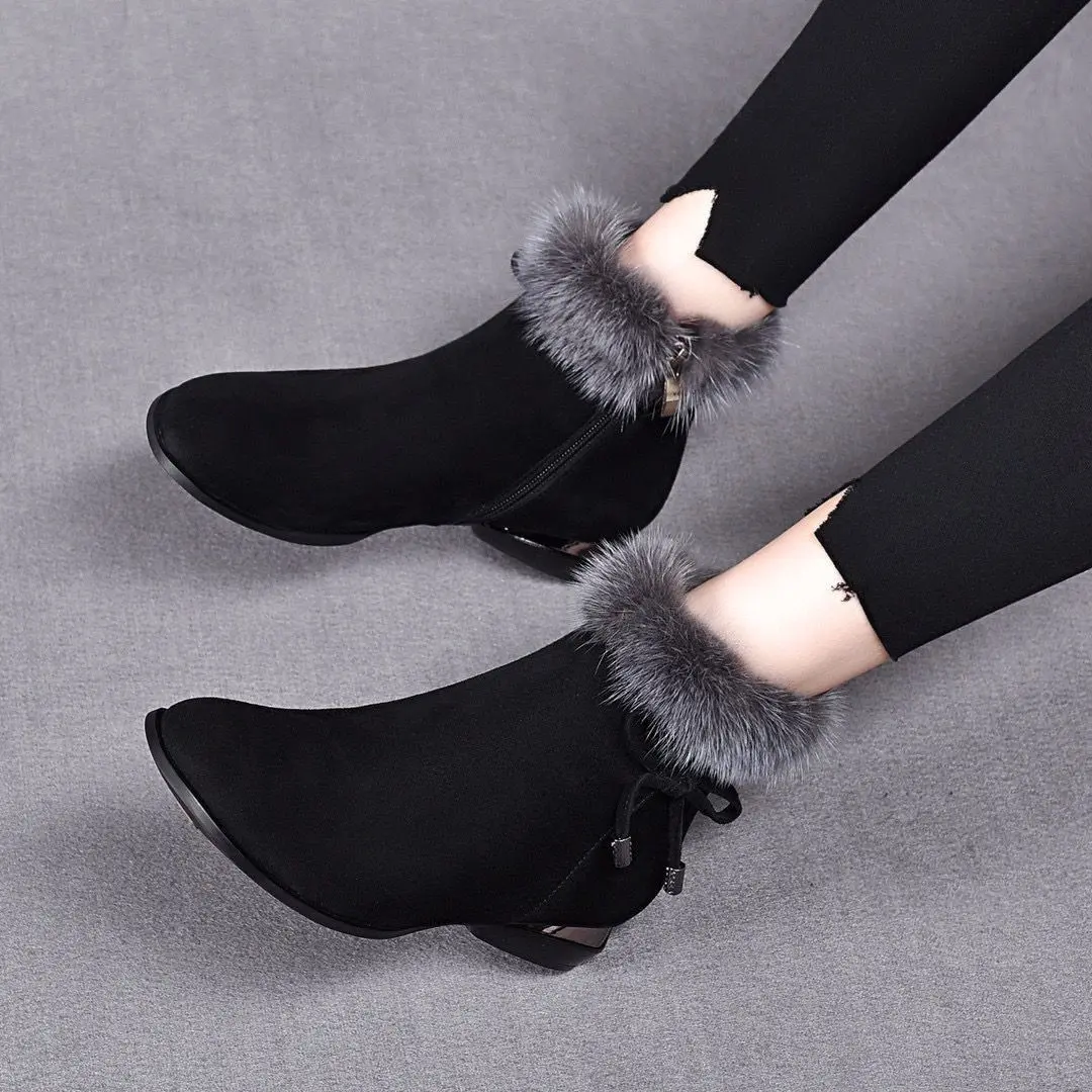 Bốt Độn Bông Lót Lông Cừu Gót Vuông Cho Nữ, Lông Chồn, Thời Trang, Mũi Tròn, Đế Thấp， Boot， Shoes