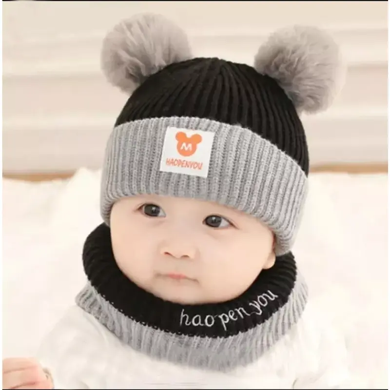 Kupluk Bayi Hopeoyou Model Dua Warna Rajut dengan Hiasan Pom Pom untuk Perempuan dan Laki-Laki 4