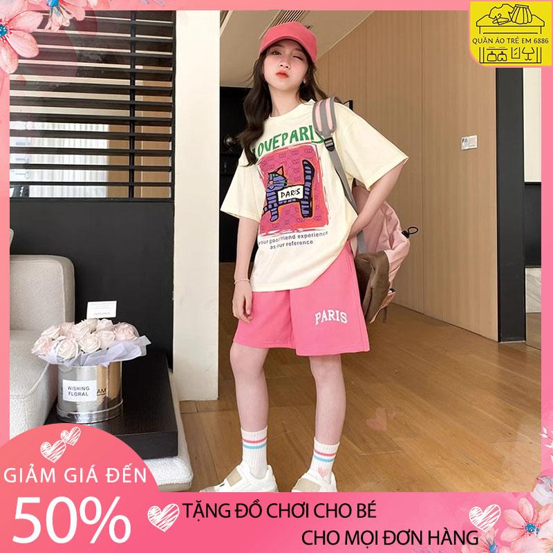 Bộ cộc tay bé gái đồ bộ cho bé gái mùa hè quần áo mùa hè cho bé gái mẫu Paris size 18-50kg chất liệu cotton thoáng mát đồ hè bé gái thun cotton