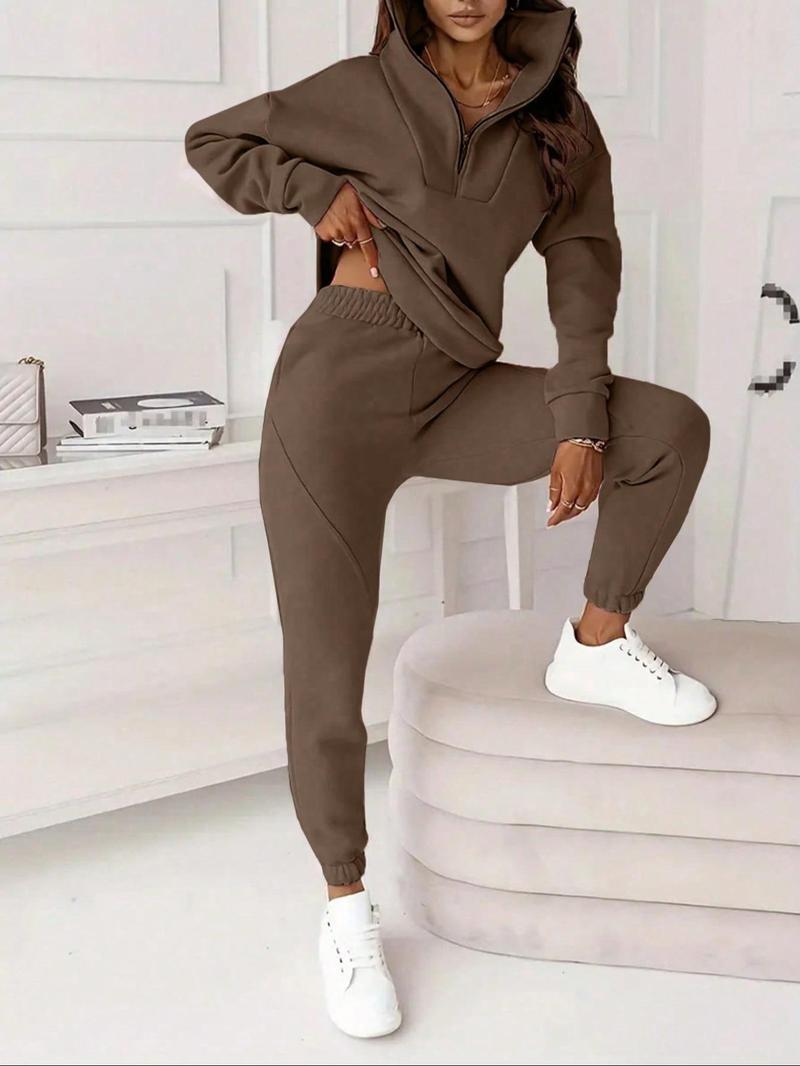 Product Introduction of [2024]Two-piece Set Women's Solid Zip Up Sweatshirt & Pants, Casual Long Sleeve Stand  Collar Sweatshirt & Trousers for Fall & Winter, Women's Clothes for Daily Wear 3