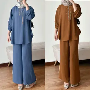 Raveena One Set Tangan Kerut | Setelan Baju Atasan Wanita Dewasa Muslim Karet Crinkle Airflow | Celana Kulot Panjang