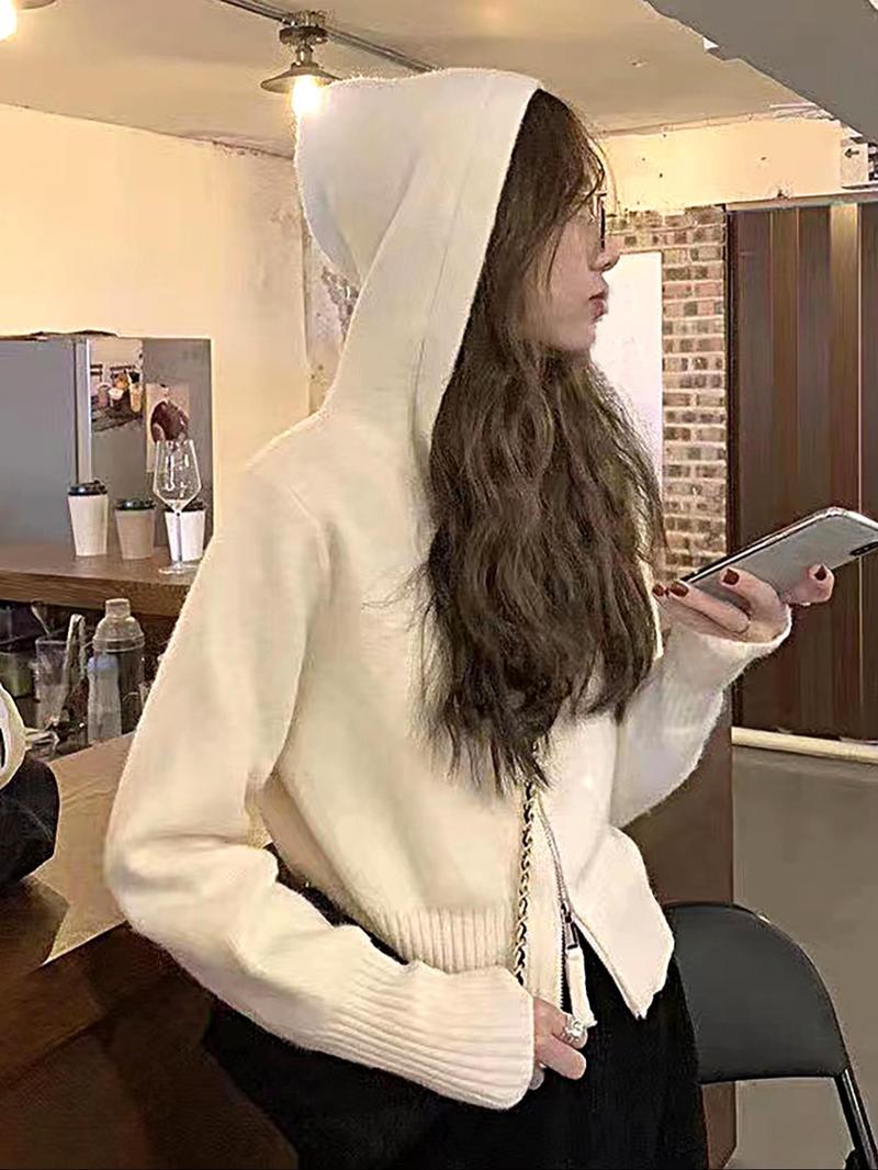 Product Introduction of Women's Solid Textured Zip Up Thermal Lined Hooded Cardigans, Casual Pullover for Fall & Winter, Women's Knit Clothing for Daily Wear 6