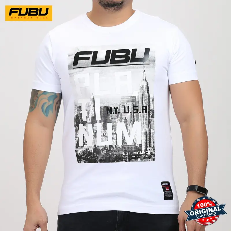 2022 Trendy T-shirt Fubu Round Neck Muscle Fit FBT01B-2559 (White) Vintage print patterned short sleeves  Menswear Top Stylish Lingerie Man Streetwear Tropical Crewneck Casual