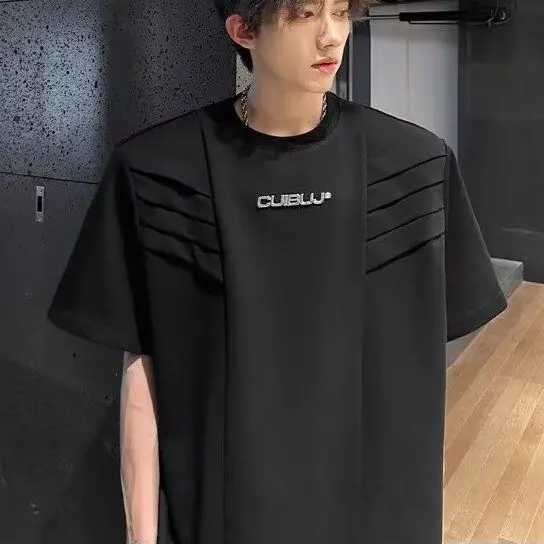 American Style Multi-Layer Shoulder Pad Short Sleeve T-Shirt for Men Summer Ins Trendy Deconstructed Design Loose Fit Five-Quarter Sleeve Tee