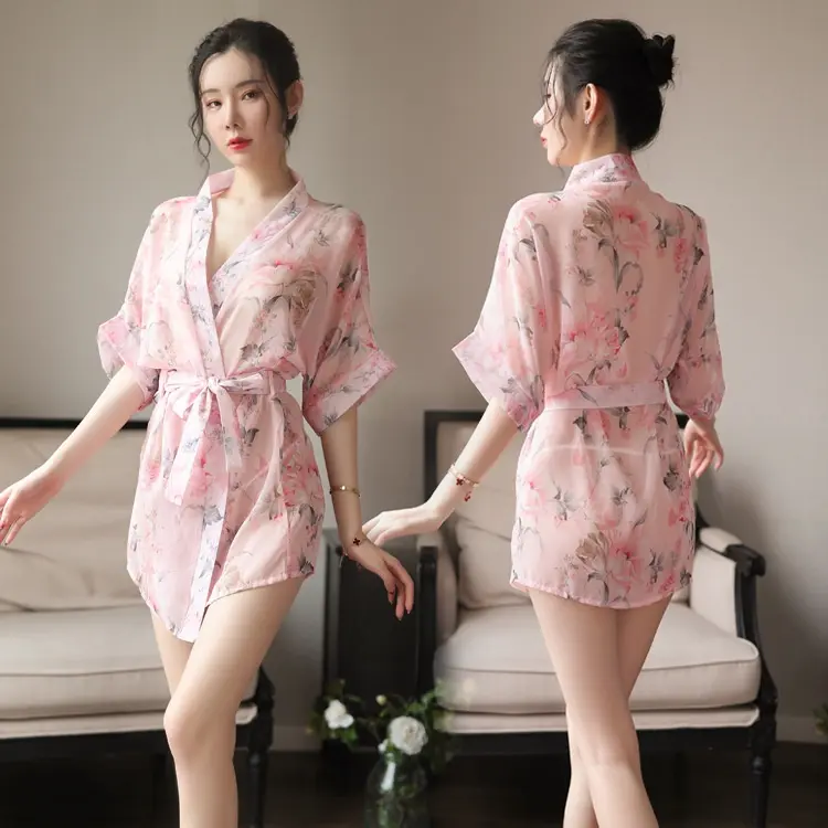 ARENAR SKA141 Kimono Pink Bunga - Kimono Jepang - Baju Tidur Tipis Transparan wanita - Gaun Malam Murah Lingerie Satin