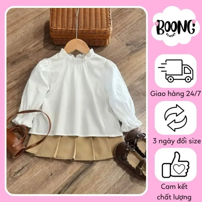Áo đôi mẹ và bé, áo sơ mi trắng dài tay cổ bèo cho mẹ và bé, vải thô cotton mềm mát Nữ